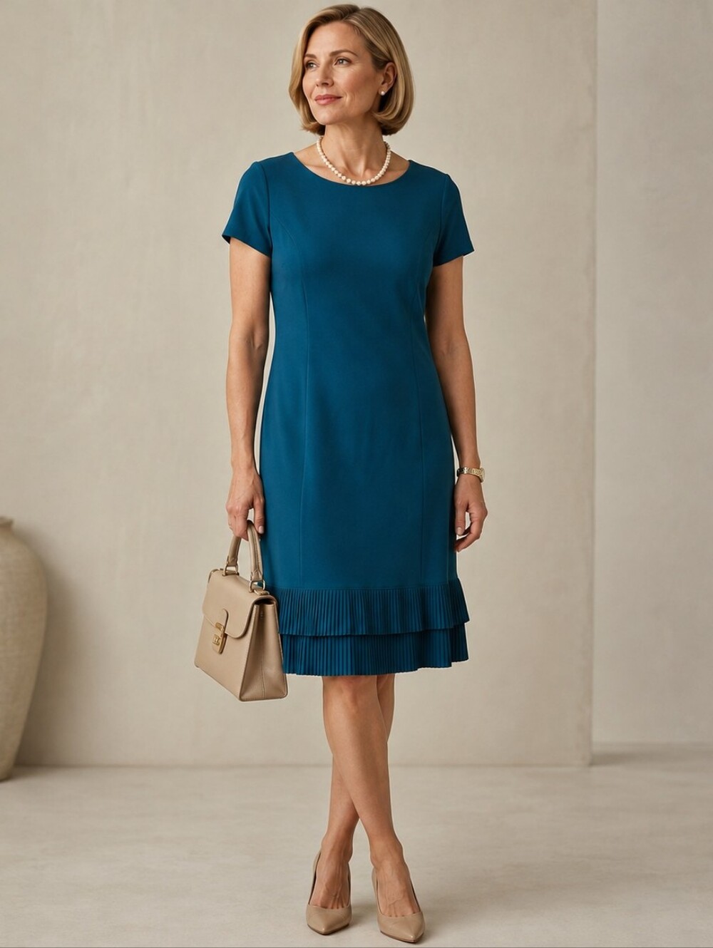 Talbots Ponte Knit Sheath Dress 10 Petite Teal Pleated Crepe Hem Quiet Luxury